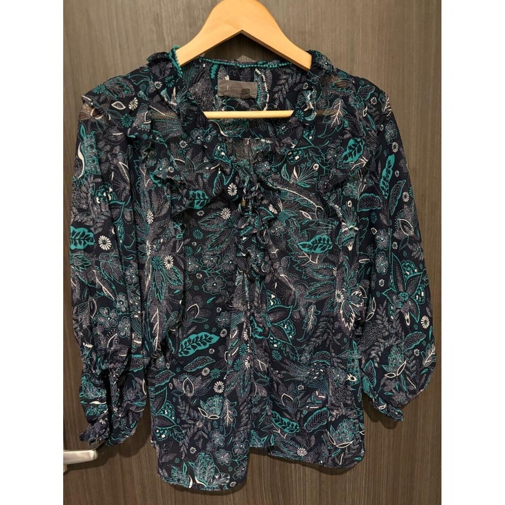 By Anthropologie‎ Peasant Top Women's Medium Floral Ruffle Fairy Chiffon Blue